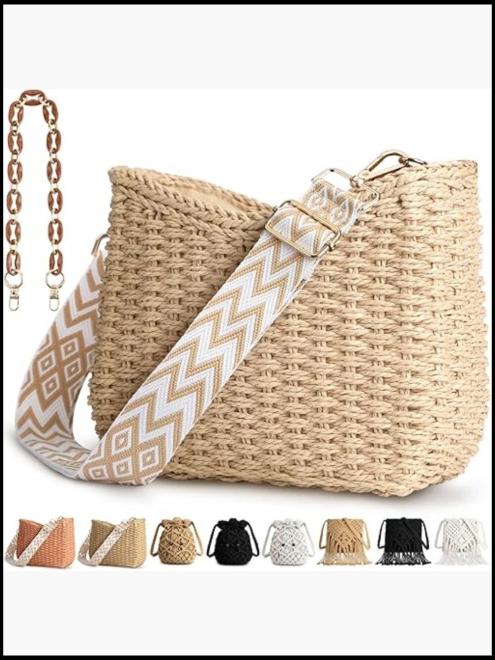 Straw Woven Tote Bag with Chain Strap Boho Chic Summer Beach Hobo Purse